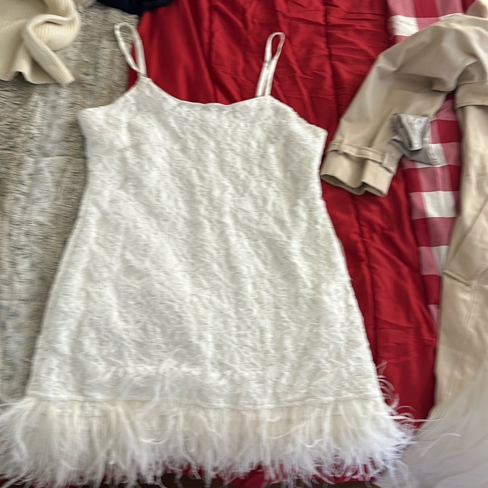 Mari Feather Trim Lace Mini Dress